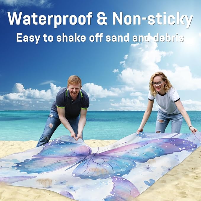 Waterproof Sandproof Beach Blanket 59''×68'' Butterfly Polyester Outdoor Picnic Blanket with 4 Stakes &amp Storage Bag for BeachCampingVacation Ice-Blue