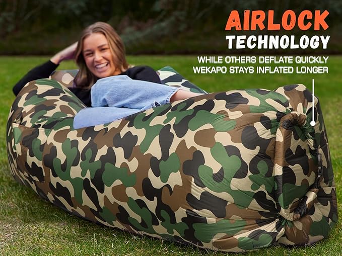 WEKAPO Inflatable Couch Air Lounger Chair - Camping &amp Beach Accessories Portable Blow up Sofa for Hiking Lawn Indoor/Outdoor Movies &amp Music Festivals. Lightweight and Easy to Set Up Air Ham