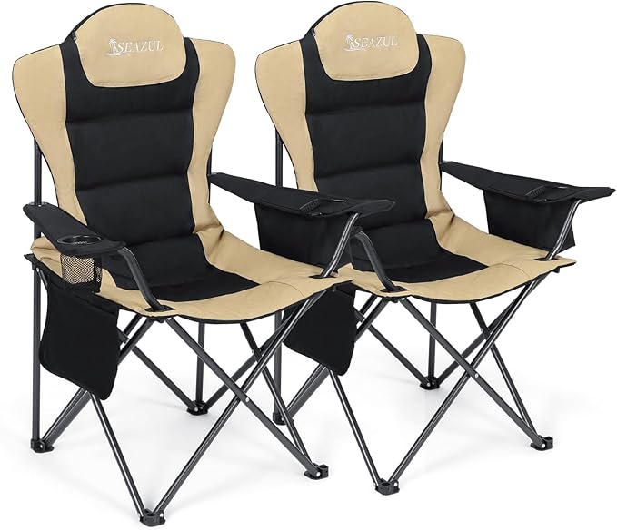 Camping Chairs for Adults Heavy Duty Camping Chairs 2 Pack Folding Chairs for Outside Support 380 LBS Portable Travel Outdoor Camp Chair with Cup Holder &amp Cooler Bag Sports Chairs Khaki