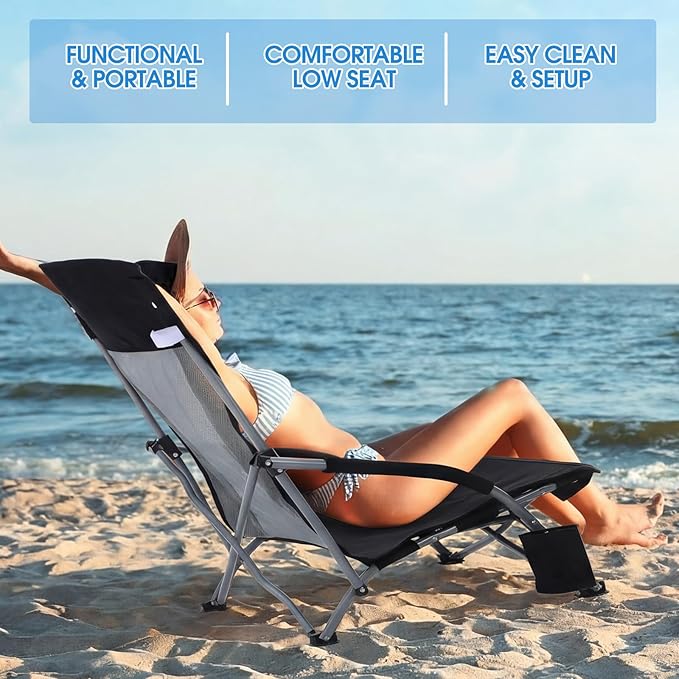 Huwena 2 Pack Beach Chair for Adult with 2 Umbrella Low Folding Chair Detachable Adjustable Lightweight with Armrests Cup Holder Carry Bag Portable for Sand Camping Travel Outdoor Pool(Black)