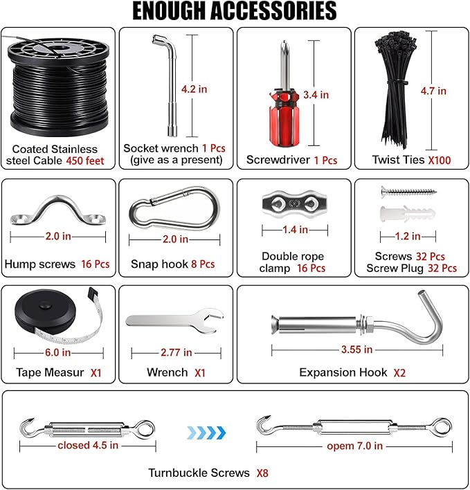 String Light Hanging Kits 450FT Coated Stainless Steel 304 Wire Rope Outdoor Black Guy Wire kit w/Expansion Hook Enough Accessories Humanized Collocation