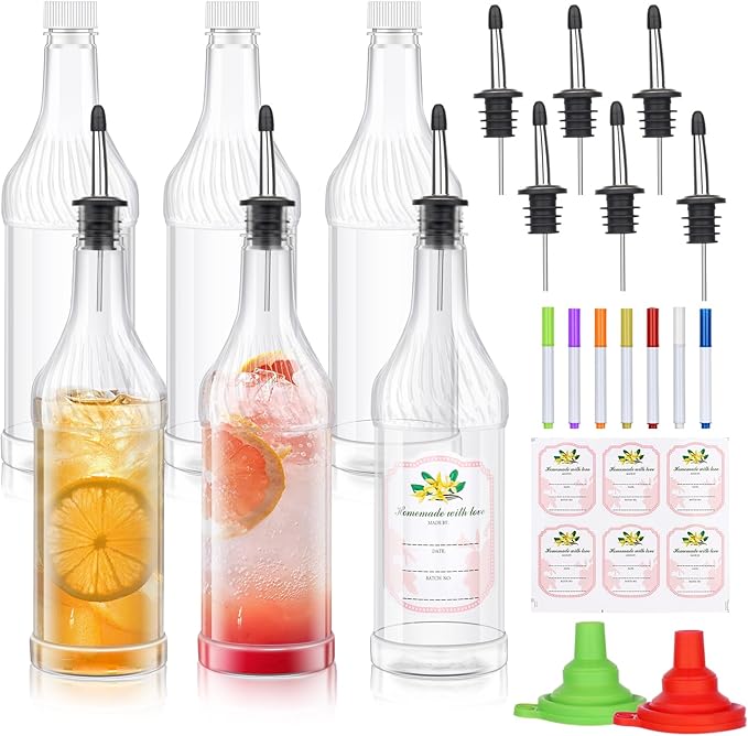 Dualshine 12 Pcs Plastic Long Neck Bottles 32 oz Syrup Bottles with Liquor Pour Spout and Caps Juice Pour with Stainless Steel Bottle Pourer for LiquorSyrupJuiceBars