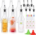 Dualshine 12 Pcs Plastic Long Neck Bottles 32 oz Syrup Bottles with Liquor Pour Spout and Caps Juice Pour with Stainless Steel Bottle Pourer for LiquorSyrupJuiceBars