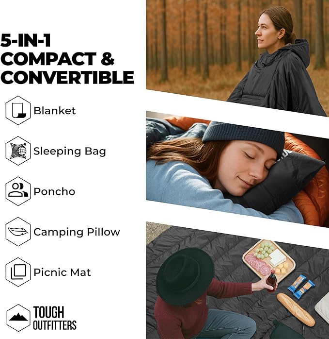 Tough Outdoors 5 in 1 Camping Poncho - Packable Blanket - Wearable Sleeping Bag Adult - Sleeping Bag Poncho - Waterproof
