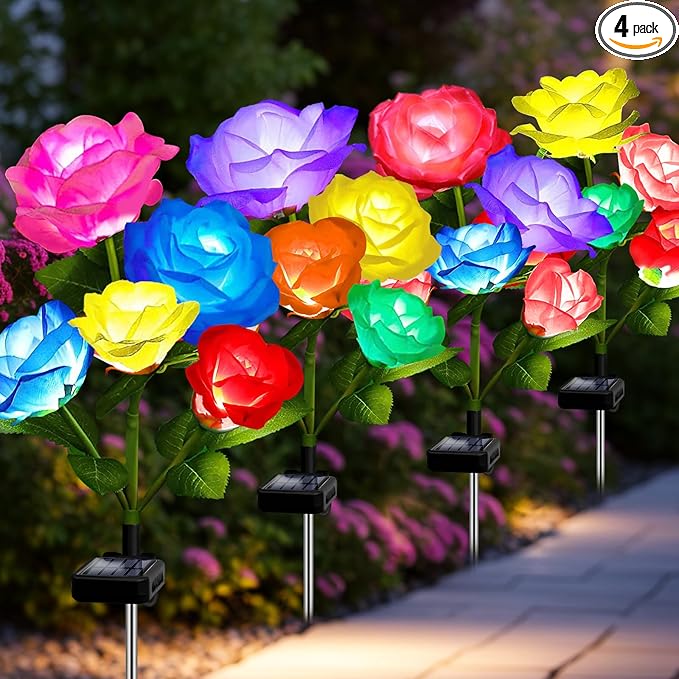 Mothers Day Gifts Solar Garden Decor Outdoor Lights 4 Pack Waterproof Garden Lights for Outside 16 Solar Rose Multi-Color Changing Solar Flower Decor for Yard Patio Gifts for Women (7-Color Rose)