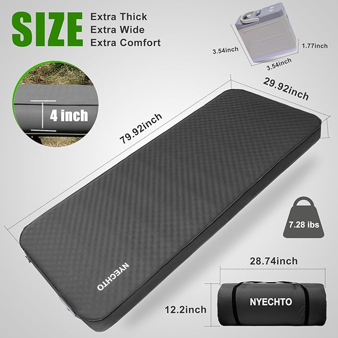 Self Inflating Sleeping Pad for Camping 4 Extra-Thick Memory Foam Camping Mattress with Electric Pump Fast Inflate &amp Deflate 9.5 R-Value Insulated Camping Pad for Car Travel Tent Cot Grey