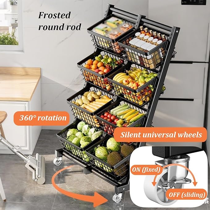 4-Tier Rolling Snack Rack Display Stand Adjustable Metal Shelves for Fruit &amp Vegetable Storage Versatile Retail Organizer for Home Kitchen &amp Market (White)