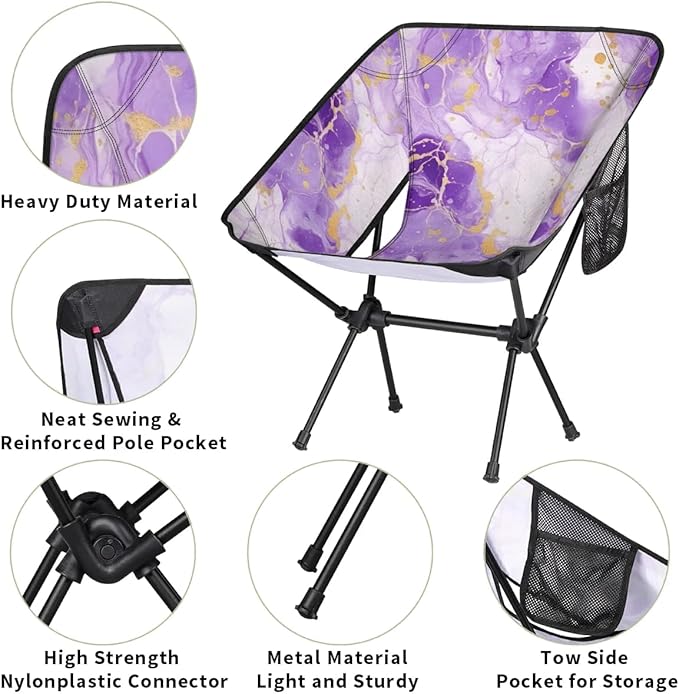 Pardick Portable Camping Chair Purple Gold Marble Ultralight Folding Camping Chair Fantastic Marble Backpacking Hiking Chair with Cup Holder for Outdoor Travel Beach Picnic Festival 176 lbs Capacity