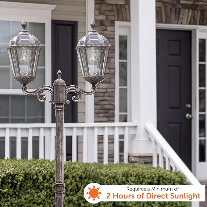 Gama Sonic Outdoor Solar Lamp Post Light Kit Royal Bulb 300 Lumens Double Head Weathered Bronze Cast Aluminum Post Lamp and Light Pole Warm White Light 2700K 98B302 (Upgraded Battery and Panel)