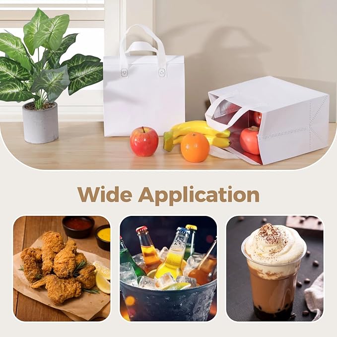 OMISTAR 50 PCS Insulated Take Away Bags 9.5x6x9.5 Thermal Containers - Commercial Grade Hot/Cold Pouches for Coffee Pizza &amp Grocery Delivery Professional Food Carriers