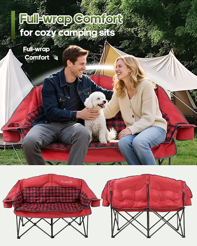 Double Camping Chair Padded Loveseat Camp Couch for Adults Oversized 2 Person Love Seat with 2 in 1 Carry Bag Heavy Duty Folding Outdoor Sofa with Cup Holders for Lawn Beach Tailgating Red