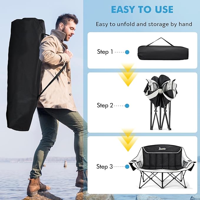 Double Camping Chair for Adults Outdoor Folding Chair with 2 Cooler Bags Support 500lbs Heavy Duty Camp Chair for Outdoor Sports Beach - Black&ampGrey