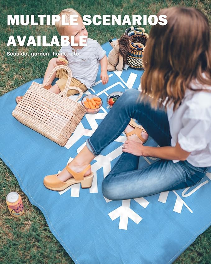 Beach Blanket Waterproof Sandproof Merry Christmas White Snowflakes Quick Drying Beach Mat with 4 Stakes Winter Snow Blue Lightweight Picnic Blanket for Travel Camping Outdoor 108x84