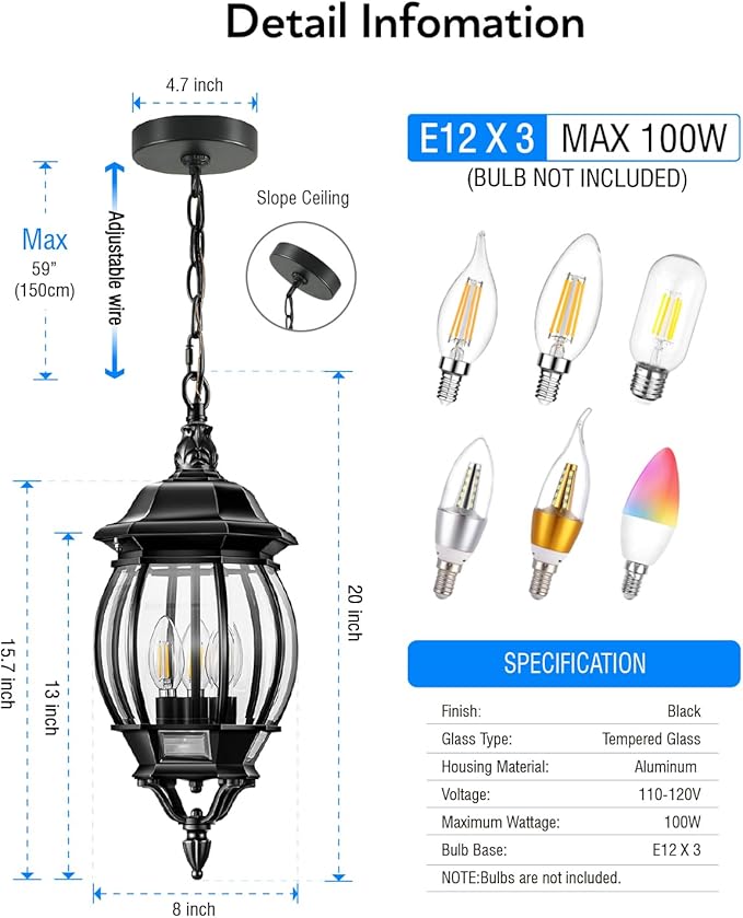 VIANIS 3-Light Large Pendant Light Fixtures Modern Exterior Hanging Lantern Light Waterpoof Matter Black Outdoor Chandelier for Porch with Adjustable Chain Outdoor Ceiling Lights for Front Patio