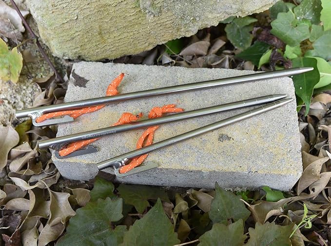 iBasingo 6-Pack Titanium Tent Stakes 20/24/30/35/40cm with Reflective Ropes Ultralight Backpacking Stakes for Camping Hiking Picnic Corrosion-Resistant &amp Durable Ground Pegs Ti4012P