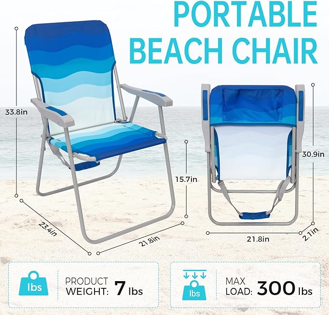 #WEJOY Folding Beach Chair for Adults Lightweight Beach Chair with Shoulder Straps High Back Camping Chairs with Hard Armrest Supports 300lbs for Outdoor Lawn Concert