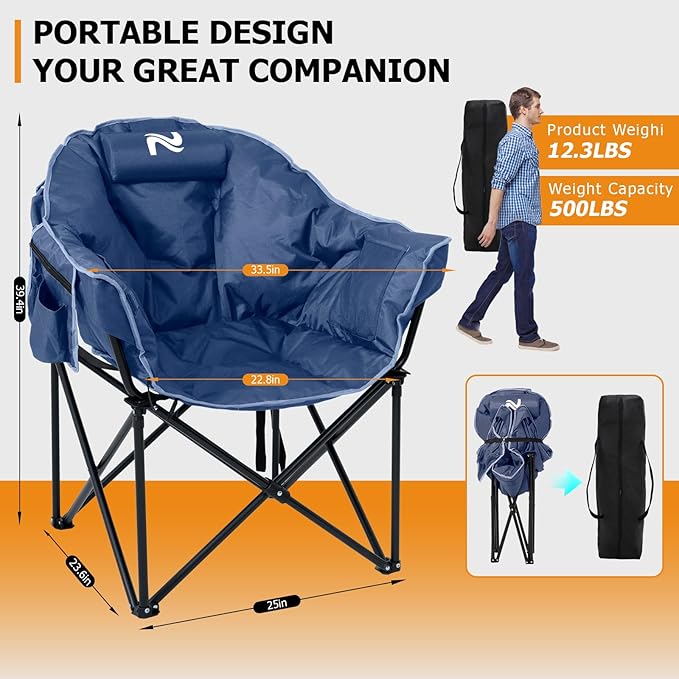 LILYPELLE Oversized Heated Camping Chair Patio Lounge Chairs with 3 Heat Levels Portable Folding Heated Chair Round Moon Saucer Folding Lawn Chair Outdoor Chair for Camping Lounge Patio