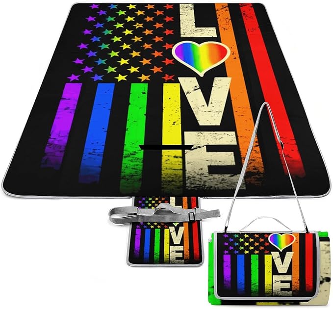American Flag Rainbow Lesbian Gay Love Pride Waterproof Outdoor Picnic Blanket Sandproof Beach Mat for Camping Hiking Grass Travelling