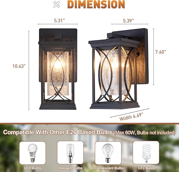 Dusk to Dawn Outdoor Wall Lanterns Small Modern Exterior Light Fixture Aluminum with Crack-Like Glass UL and IP65 Waterproof Wall Sconce Outdoor Wall Light for Porch Garage Front Door Black