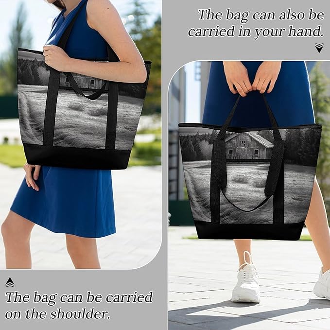Insulated Shopping BagLarge Reusable Cooler Bags Barn Black And White Printed Foldable Shopping BagTravel Waterproof Shoulder Bag
