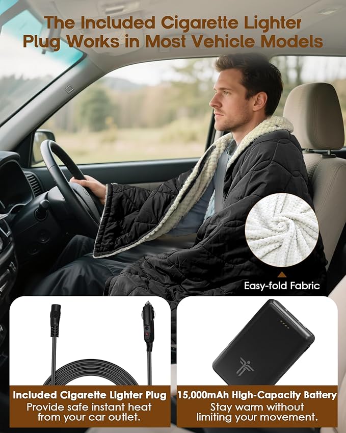 12V Battery Powered Heated Camping Blanket with Detachable Hood Heated Cordless Blanket with 15000 mAh Battery Wearable Car Blanket (Black)