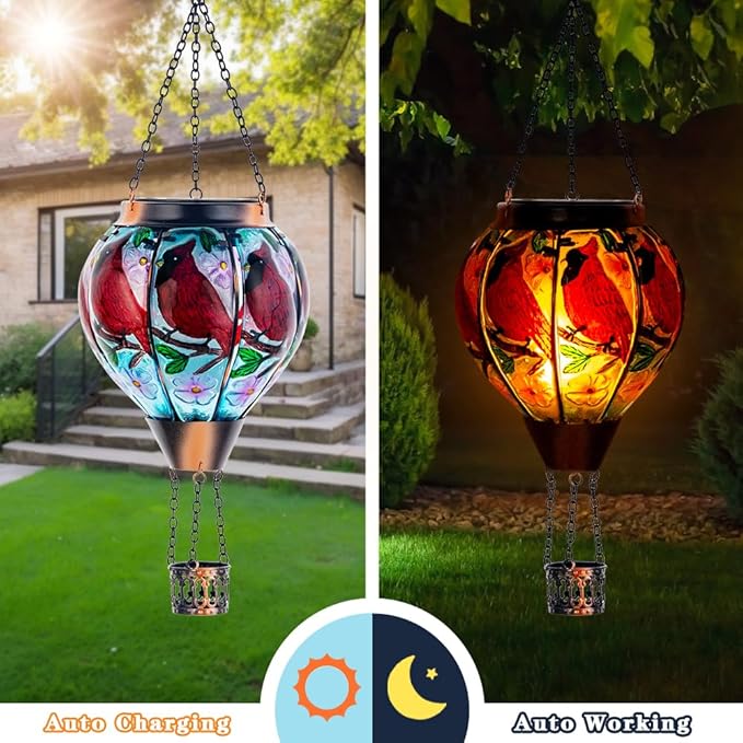 DREAMSOUL 2PCS Cardinal Hot Air Balloon Solar Lantern Hanging Glass Solar Lanterns Outdoor Waterproof for Yard Party Gift