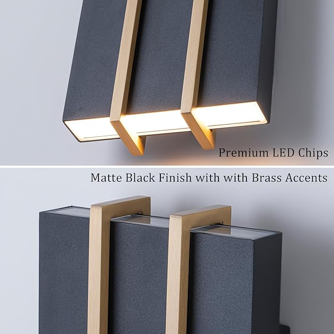 Upgraded Modern Outdoor Wall Light Fixture 10.8 Up and Down Outdoor Sconce Lights 15W 3CCT 3000K/4000K/5000K IP54 Waterproof Exterior Wall Sconce Black Metal Frame with Brass Accents