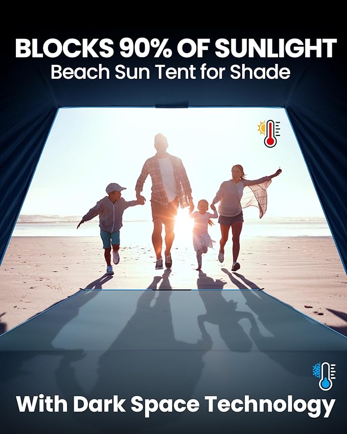 OutdoorMaster Beach Tent with Blackout Shelter Technology Portable Sun Shade Shelter 4 Person Pop Up Beach Tents with UPF 50+ UV Protection 9.5mm Thick Pole 3 Ventilating Mesh Windows -Blue