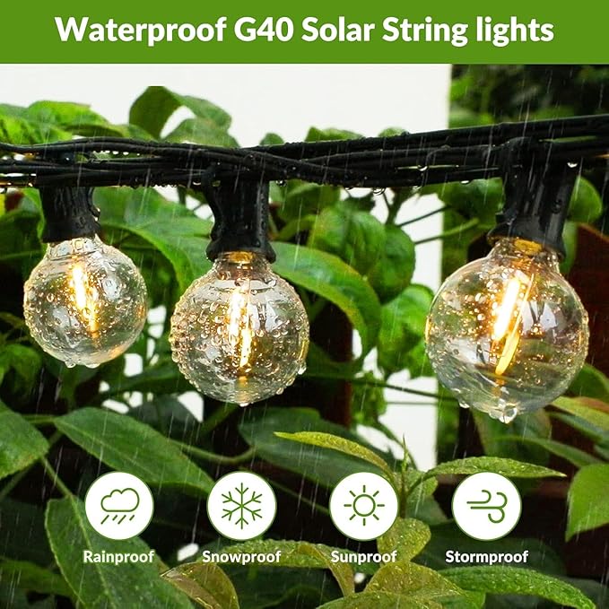 Lakumu 34FT G40 Solar String Lights Globe Outdoor String Lights with 15 E12 Waterproof LED Bulbs 2700K Shatterproof Patio Lights Solar Powered Hanging Lights