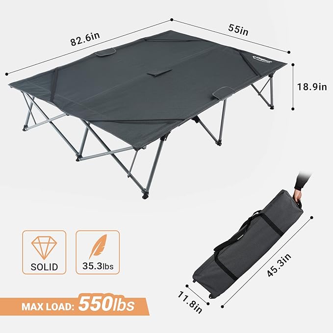 KingCamp 2 Person Queen Size Camping Cot Folding Portable Double 550lbs Heavy Duty Oversized Large Wide XXL Foldable Sleeping Bed with Carry Bag for Two Adult Outdoor Travel Tent Grey