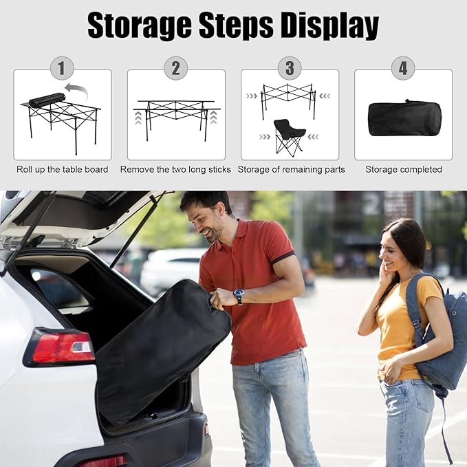 4Pcs Folding Table Chair Set with 1 Sofa 2 Single Chairs 1 Table Portable Lightweight Collapsible Tables and Chair for Outdoor Camping Hiking Travel Black