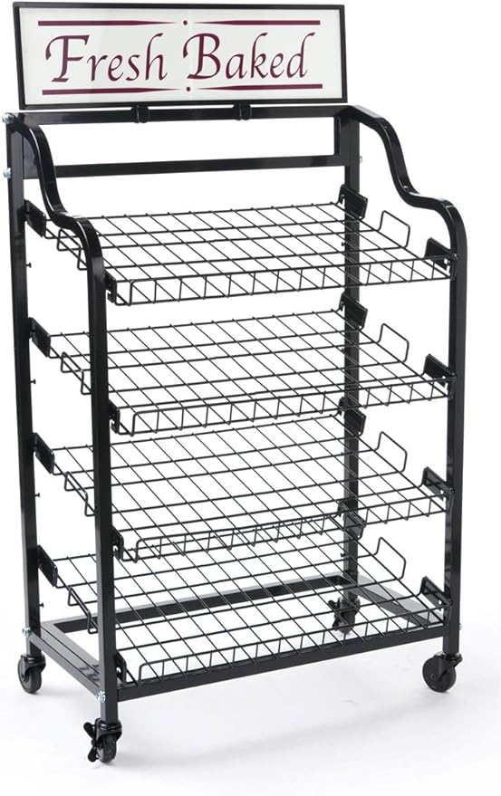 Displays2go Wheeled Metal Rack with Four Tilting Wire Shelves Black (BAKCRT4NBK)