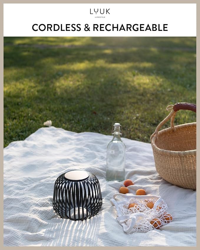 LUUK LIFESTYLE Solar LED Lantern for Indoor &amp Outdoor use Cordless Table lamp with Modern Metal cage Design dimmable Garden lamp Rechargeable Solar Light up to 72 Hours Lighting Duration Blac