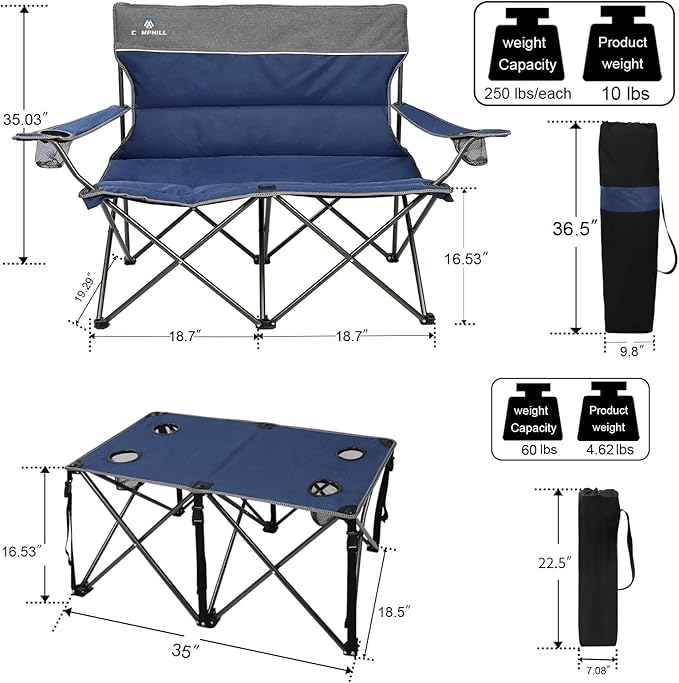 CAMPHILL Camping Chair Set of 3 Outdoor Folding Camping Chairs for Heavy People with Cup Holder &amp Carry BagCollapsible Chair Include One Sofa Chair and Two Single ChairSupport up to 500lbs