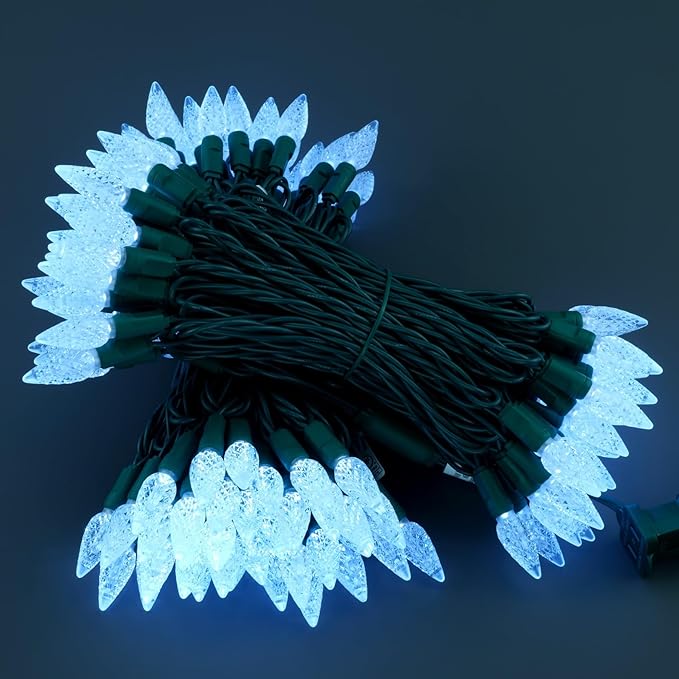 140 Cool White Strawberry One-Piece LED Christmas Lights Pack of 2 Strands 70 Count 36 ft High Waterproof UL Certified C6 Outdoor String Lights (Cool White - Green Cord)