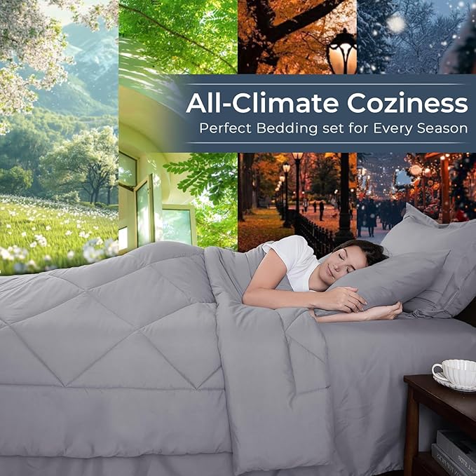 HEVUMYI Light Grey King Comforter Set - 7-Piece All Season Bed in a Bag King Ultra Soft Bedding Set with Comforter Flat Sheet Fitted Sheet Pillowcases Pillow Shams Light Gray