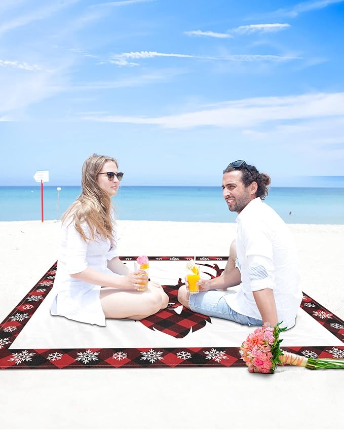 Beach Blanket Waterproof Sandproof Christmas Reindeer Snowflake Quick Drying Beach Mat with 4 Stakes Red Black Buffalo Check Lightweight Picnic Blanket for Travel Camping Outdoor 83x79