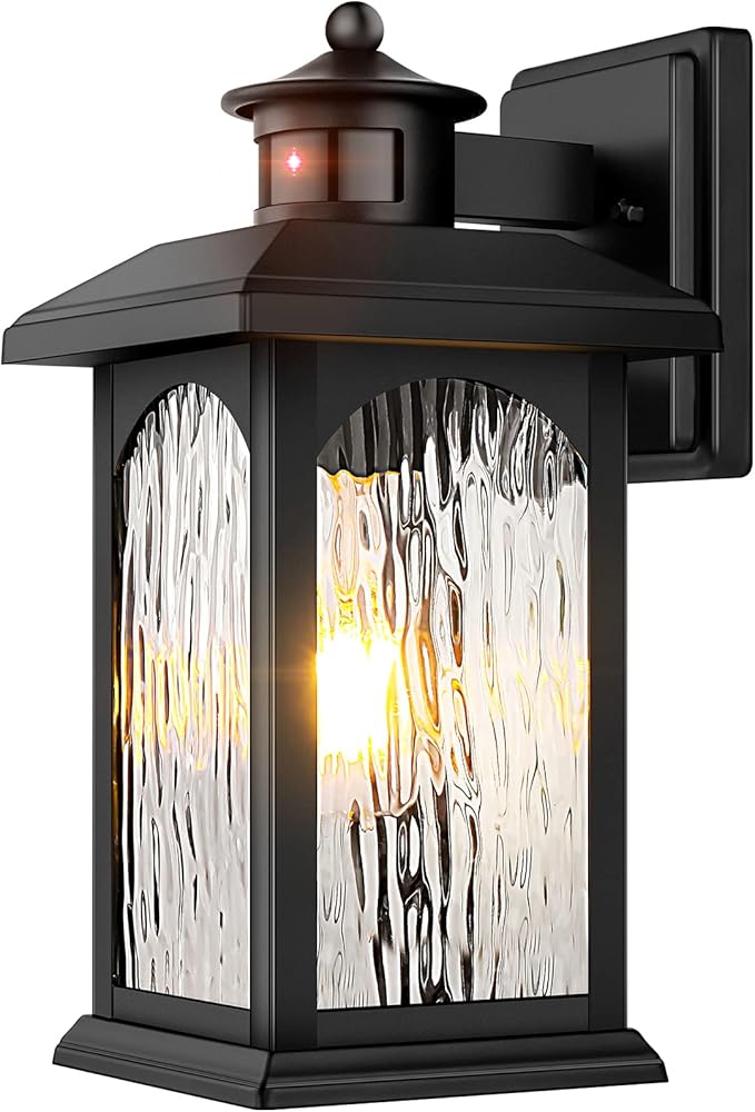 Motion Sensor Outdoor Wall Lantern Updated Dusk to Dawn Outdoor Lighting Exterior Light Fixtures Black Porch Lights &amp Outside Wall Sconces with Water Rippled Glass for Patio Garage Entryway Hou