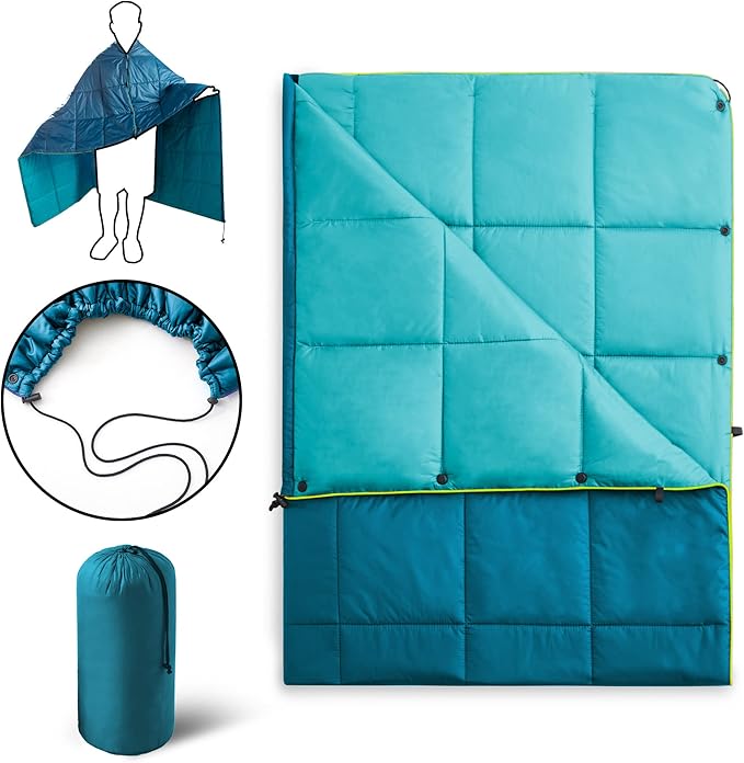 UNIKOME Waterproof Puffy Camping Blanket - Lightweight Packable Outdoor Quilt with Snaps &amp Corner Loops Warm Compact Blanket for Cold Weather Hiking Picnic Stadium Travel 75×52 Lake Blue&amp