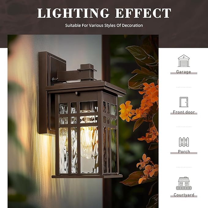 zeyu 12 Inch Patio Wall Light Fixture 2 Pack Outdoor Modern Wall Lights Die-Cast Aluminum Oil Rubbed Bronze Finish with Water Ripple Glass Glass 20068B1-2PK ORB WP