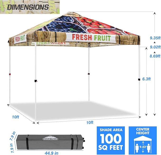EAGLE PEAK Pop Up Canopy Tent with Wheeled Carry Bag 8 Stakes 4 Ropes 4 Weight Bags Easy Set Up Tent Canopy 10x10 ft 100sqft of Shade Fruit Stand