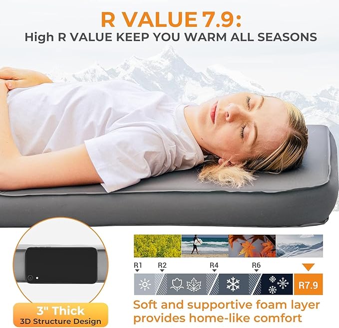 KingCamp PREMIUM SINGLE Self Inflating Sleeping Pad 7.5 R-Value Air &amp Foam Camping Mattress 3 Thick Insulated Sleeping Pad with Pump Sack for Car Camp Tent PVC Free Single Light Grey