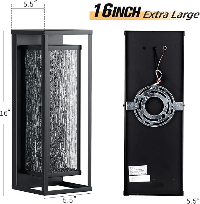 16'' LED Outdoor Wall Lights 2 Packs 3000K Porch Lights Outdoor Sconce Lights with Water Ripple Glass Modern Exterior Lighting Fixtures Outdoor Lantern Outside Lights for House Garage Patio Black