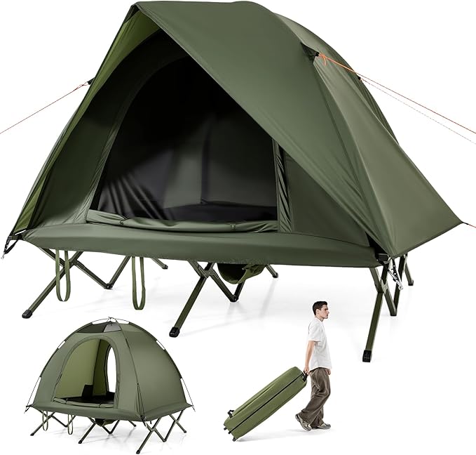 GYMAX 2-Person Tent Cot 3 in 1 Folding Off-Ground Cot Bed Combo with Portable Wheeled Bag Waterproof Rainfly 2 Mesh Doors &amp Skylight Roof for Hiking Backpacking Outdoor