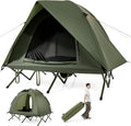 GYMAX 2-Person Tent Cot 3 in 1 Folding Off-Ground Cot Bed Combo with Portable Wheeled Bag Waterproof Rainfly 2 Mesh Doors &amp Skylight Roof for Hiking Backpacking Outdoor