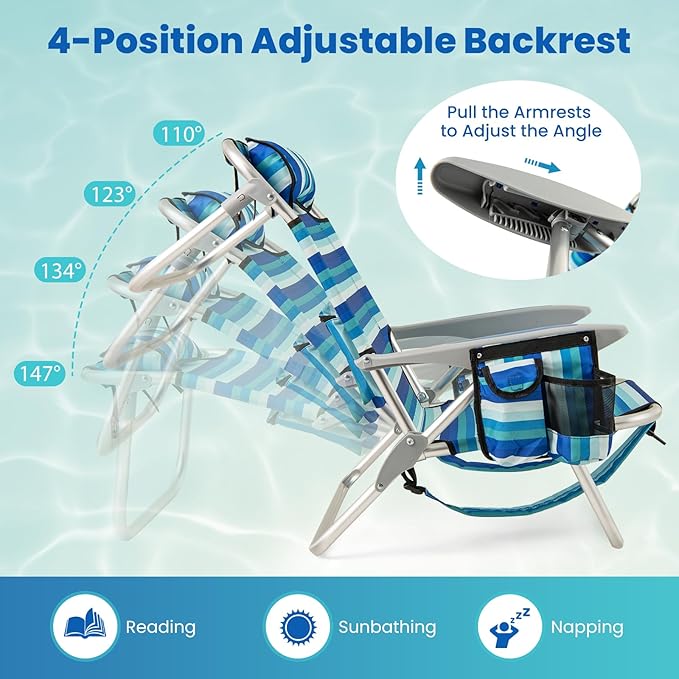 Goplus Beach Chair 330lbs Folding Backpack Chairs for Adults with 4-Position Backrest Storage Pockets Towel Bar &amp Headrest Foldable Low Beach Lounge Portable Aluminum Lay Flat Camping Chair