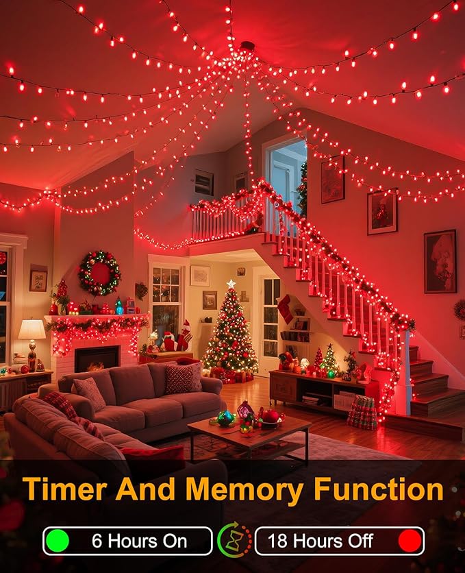 197FT 600 LED Christmas Lights Outdoor Plug in Red Valentine Lights with 8 Modes &amp Waterproof Connectable Green Wire String Lights for Outside Indoor Home Garden Yard Party Holiday Decorations