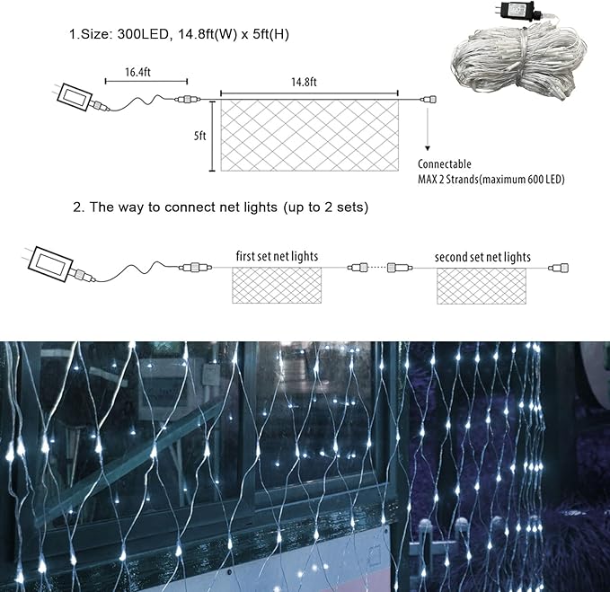 300 LED Net Lights for Bushes 14.8ft x 5ft 8 Modes Christmas Outdoor Mesh Lights Connectable Waterproof Decorative String Light Plug in for Xmas Tree Garden Wedding Party (Clear Wire White)