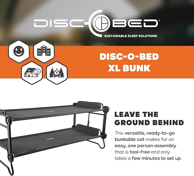 Disc-O-Bed Extra Large Portable Bunk Camping Cots with Carry Bags - Heavy-Duty Indoor or Outdoor Sleeping System Converts to Bench or Separate Beds 500 lb Weight Capacity Per Cot Black