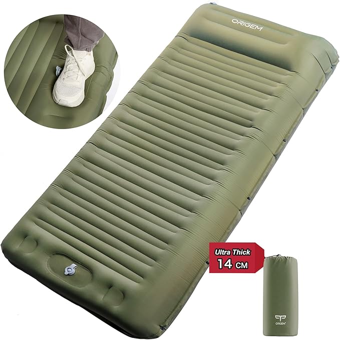 Origem Self Inflating Sleeping Pad for Camping 5.5 Inch Ultra-Thick Camping Mat with Built-in Pump Outdoor Ultralight Sleepinging Mat for Camping Tent Backpacking Hiking and Traveling(Green)